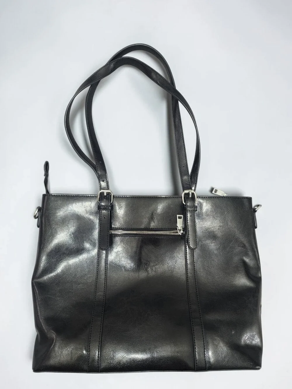 BROMEN Black Vegan Leather Laptop Work Tote Bag